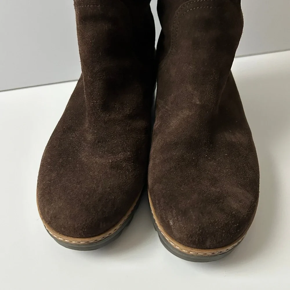 Aquatalia Tall Boots Suede Brown Faux Fur Trim Weatherproof Lug Sole 40 EU 10 US